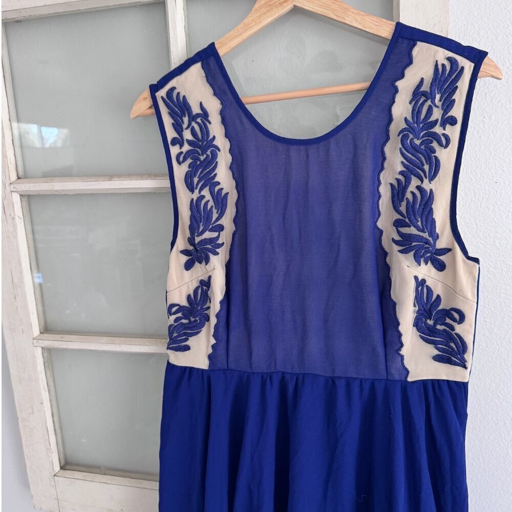Urban Outfitters Pins and Needles Embroidered Royal Blue Deep V back Flowy Dress - Picture 10 of 12